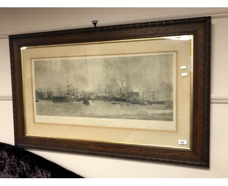 A monochrome print after Niels Lund : The Revenge Leaving Jarrow, signed in pencil, 85cm by 40cm.