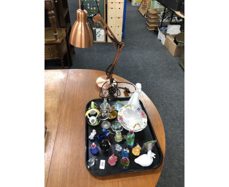 An angle poise lamp together with a tray of china and ornaments, crystal ornaments, miniature Royal Doulton figures etc.