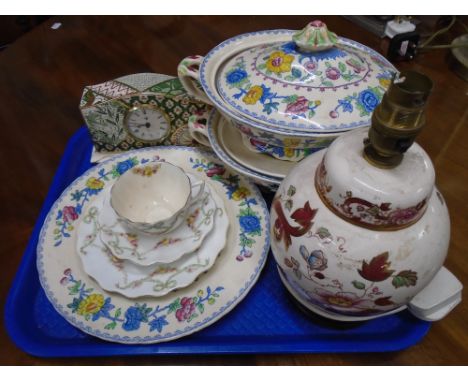 A tray containing a Masons Applique mantel clock together with Masons table lamp, tureen with cover, Aynsely trio etc.