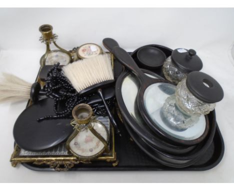 A tray of dressing table items, ebony mirror, petit point dressing table pieces, beaded necklace etc 