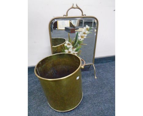 An Edwardian mirrored fire screen together with a brass log bin.