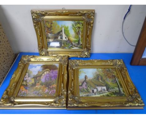 Two gilt frame oil-on-boards and one print depicting houses amongst trees.