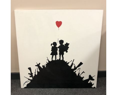 A canvas print after Banksy : Kids on Guns, 76cm by 76cm.