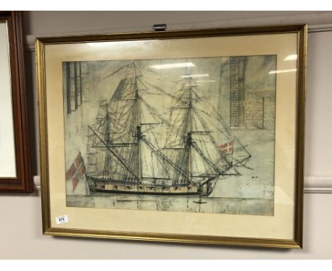 A Continental colour print depicting a tall masted ship, 58cm by 42cm.