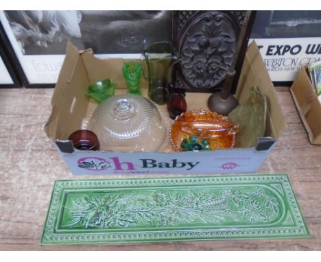 A box containing assorted 20th century glassware, Art Nouveau brass scoop, fire poker on stand, carved wooden panel together 
