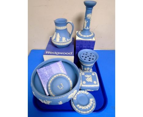 A tray of blue and white Wedgwood Jasperware bowl, jug, candle stick etc.