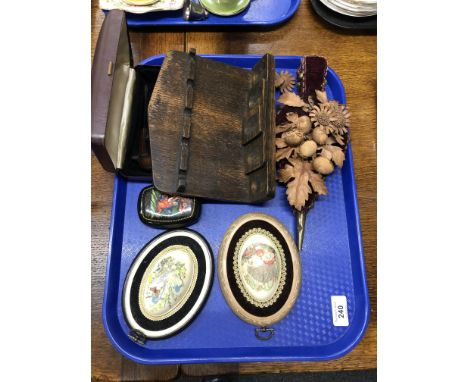 Two wooden smoking pipes boxed with an antique British Butner pipe reamer, together with a wooden pipe stand, a set of decora