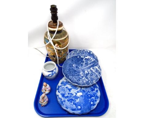 A tray of blue and white Japanese plates, bisque figures, Japanese vase/lamp etc 