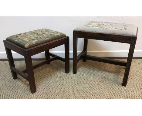 Three mahogany and one oak tapestry seated stools in the George III style, 46 cm wide x 36 cm deep x 43 cm high, 52.5 cm wide