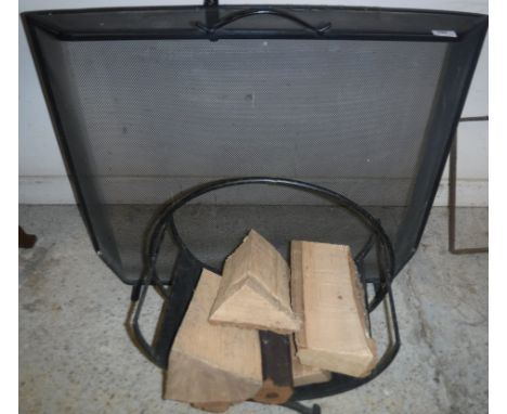 A modern black painted wrought iron spark guard, a wrought iron log basket,  and a fire basket, 47 cm wide x 31 cm deep x 47 