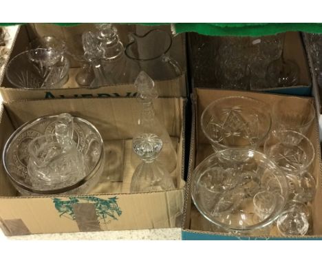 Four boxes of various glassware to include four various decanters, pair of pedestal sweetmeat dishes, silver rimmed fruit bow