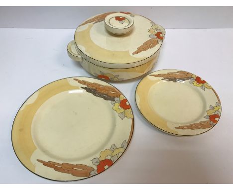 A Clarice Cliff "Bizarre" dinner service "Orange Capri" pattern, comprising two vegetable tureens, covers and stands, four ov