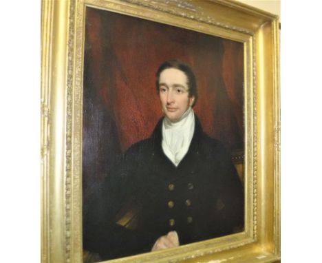 19TH CENTURY ENGLISH SCHOOL IN THE MANNER OF SIR THOMAS LAWRENCE “Gentleman in black coat and white stock, seated”, a portrai