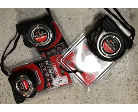 Three Dekton professional tape measures, 1 x 3 m, 1 x 5 m and 1 x 7.5 m long