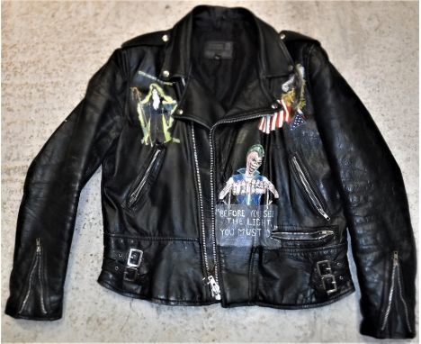 A genuine Cow hide motorcycle jacket with painted decoration depicting Led Zep IV hooded figure, stars and stripes horse, Edd