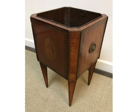 A 19th Century mahogany and inlaid cellerette of square form in the Sheraton style with brass liner within a shell marquetry 