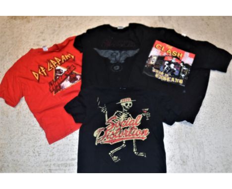 A collection of four various band t-shirts including SAXON "Castle Donnington 1980-2012", DEF LEPPARD "Hysteria '87" (red), T