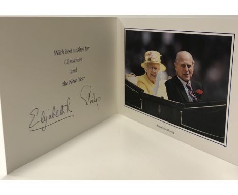 A Royal Christmas card signed "Elizabeth R and Prince Philip", 2015 with image of "The Queen and Prince Philip at Royal Ascot