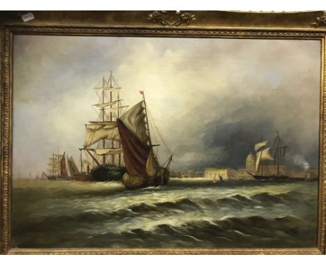 M TROOD “Maritime Scenes with Sailing Vessels, Town in Background”, oil on canvas, a pair, both signed and dated 1903 lower r