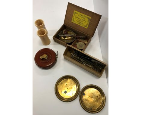 A set of W &amp; T Avery beam scales and a set of troy ounce cup weights, together with a box of various compasses and mathem