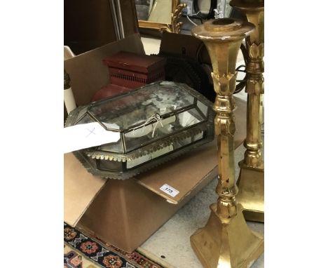 A pair of brass and glazed mirror back wall lights in the 19th Century manner together with a painted tin wall light, a pair 