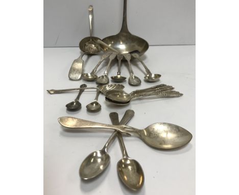 A collection of Georgian silver mustard spoons, etc, together with a quantity of plated examples, together with a plated WMF 