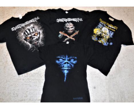 A collection of four IRON MAIDEN t-shirts including "Life After Death" and three "Iron Maiden FC" shirts including "Crossed S