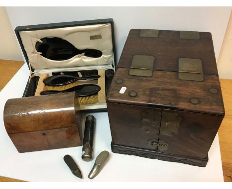An early 20th Century Chinese rosewood and brass mounted dressing table box, 28 cm x 38 cm x 23 cm high, a Victorian walnut d