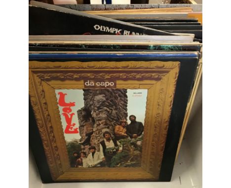 A box containing a collection of LPs including LOVE "Da Capo", BEE GEES "First", LOVIN' POONFUL "Hums of the ...", "Daydream"