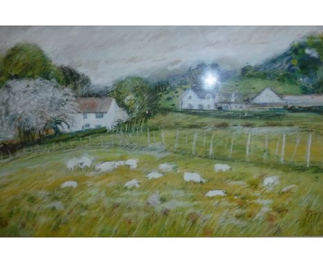 M "Sheep in field with whitewashed houses in the background", mixed media, initialed "M" and dated '77 lower right, 47 cm x 7