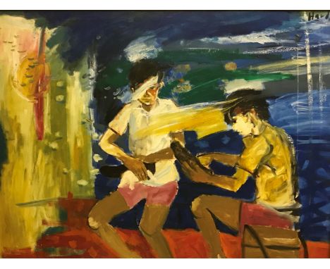 A HARDI (aka R SOEHARDI - B. 1951 in Indonesia) "Shoe shine", a study of two figures in street scene, oil on canvas, signed a