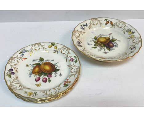 A Royal Worcester part dessert set of four plates and tazza, each with fruit decoration, indistinctly signed "Holwell ?" and 