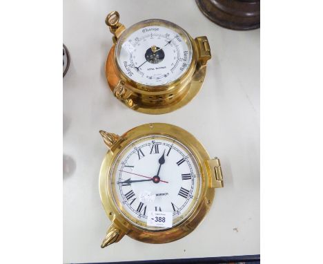 A MODERN 'ROYAL MARINER SHIPS' TYPE BRASS CASED WALL CLOCK AND A MATCHING BAROMETER (2) 