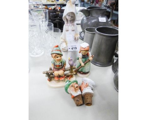 TWO HUMMEL FIGURES, LLADRO FIGURE OF A GIRL WITH A BASKET AND TWO CHINA HEADED BOTTLE CORKS 