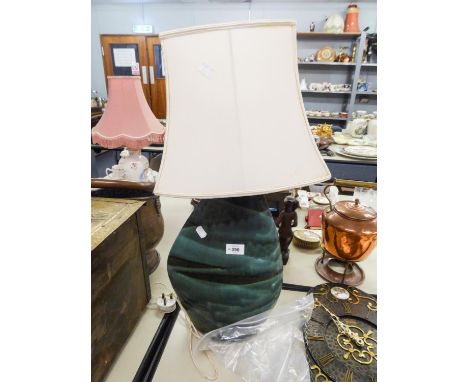 A LARGE CORNISH DARK GREEN STUDIO POTTERY TABLE LAMP AND SHADE 