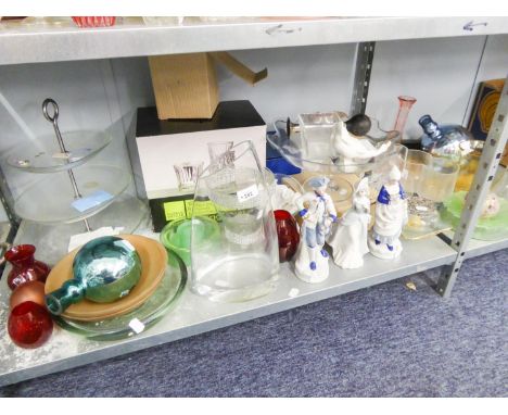 QUANTITY OF VARIOUS POTTERY AND GLASS TO INCLUDE; NAO PORCELAIN MODEL OF A GOOSE, THREE CHINA FIGURES, STUDIO CRACKLE AND COL