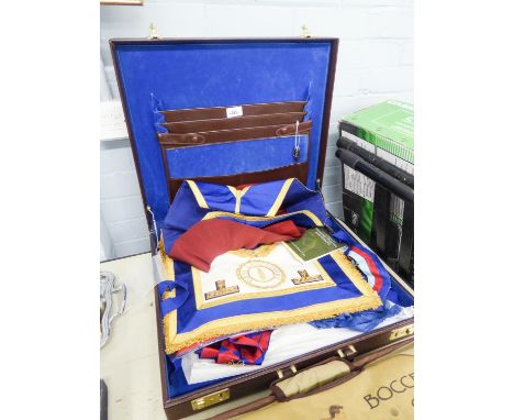 EAST LANCASHIRE MASONIC REGALIA, APRON, SASH, etc, contained in a BROWN LEATHER ATTACHE CASE, initialled in gilt 