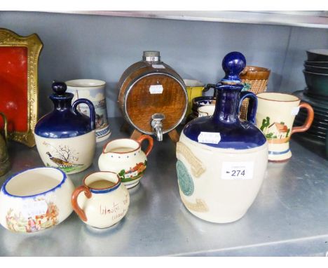 A WOODEN DRINKS BARREL WITH TAP, TWO CERAMIC WHISKY JUGS, AND A SELECTION OF CUPS AND WATER JUGS (11) 
