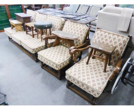 A POLISHED ELM FRAME COTTAGE LOUNGE SUITE OF TWO PIECES, VIZ A THREE SEATER SETTEE AND A LOUNGE ARMCHAIR WITH LOOSE CUSHION B