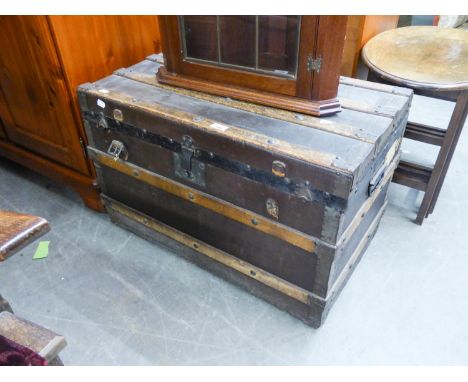 A VINTAGE FIBRE AND WOOD BOUND CABIN TRUNK 