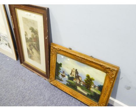 VICTORIAN MEZZOTINT, ‘MILKING TIME’ in oak frame, and a NAÏVE PAINTING ON GLASS, river landscape, (2) 