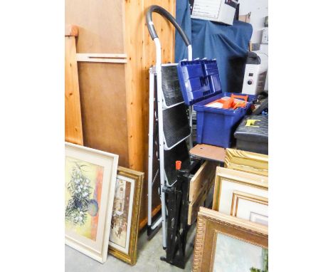 LARGE ALLUMINIUM STEP LADDER, SMALLER STEP LADDER, A BLACK AND DECKER WORK STATION AND A LAWN TINE AERATOR 