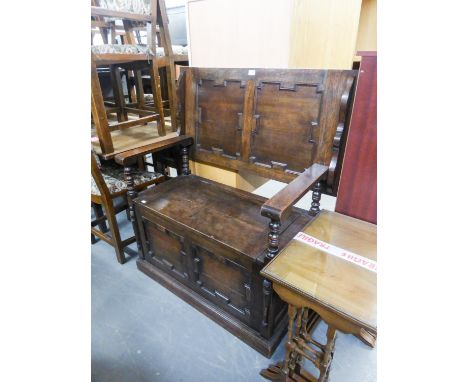 SMALL CARVED OAK MONKS BENCH 