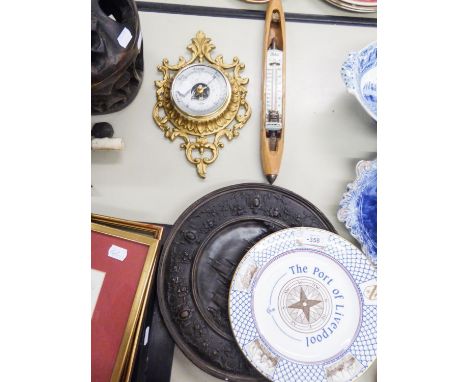 MODERN MURAL ANEROID BAROMETER, in gilt plated Rococo frame, a THERMOMETER MOUNTED IN A WOODEN WEAVING SHUTTLE, LIMITED EDITI