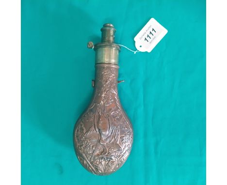 A fine G &amp; J W Hawksley 'hanging game' powder flask with oak leaves (No.630 riling)