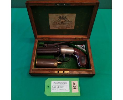 A cased six shot percussion pepperbox by Botson Wakefield, approx 7 1/2" overall with 3 1/2" barrels of approx 142 bore, (bar
