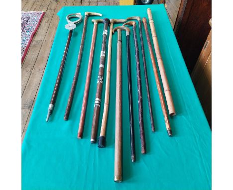 A collection of various walking sticks (some as found) with a 'shooting stick'