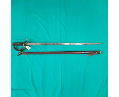 A British model 1821 Officers sword with leather covered scabbard, blade marked to 'Royal Army Service Corps' and retailed by