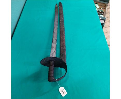 A British 1845 model Naval cutlass with 28 3/4" straight flat blade and ribbed grip (complete with as found scabbard)