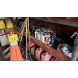 LOT ASST. JERRY CANS, OILS, LUBRICANTS, SAFETY CONES, BROOMS, HAND TOOLS, SHOVELS, RAKES,